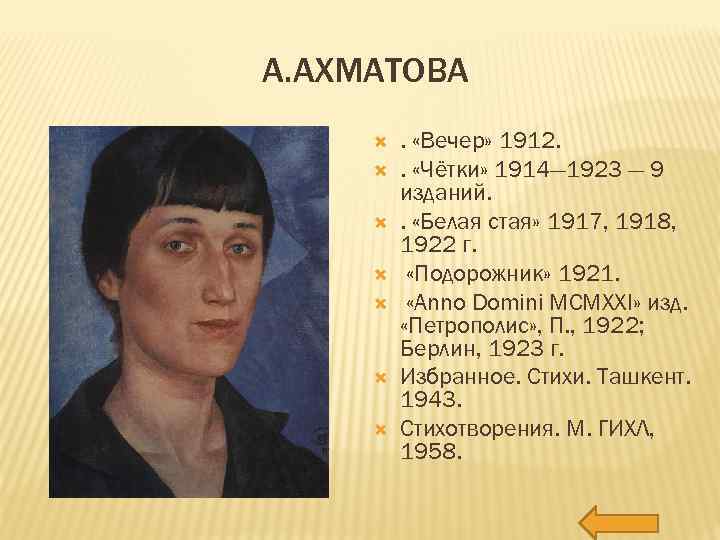 А. АХМАТОВА . «Вечер» 1912. . «Чётки» 1914— 1923 — 9 изданий. . «Белая