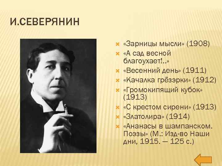 И. СЕВЕРЯНИН «Зарницы мысли» (1908) «А сад весной благоухает!. . » «Весенний день» (1911)