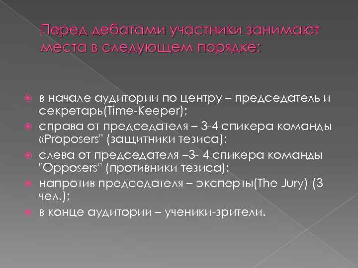 Перед дебатами участники занимают места в следующем порядке: в начале аудитории по центру –