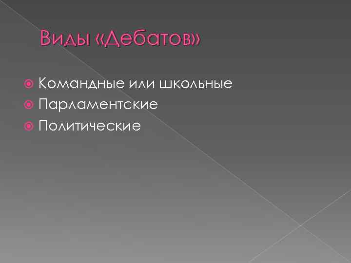 Виды «Дебатов» Командные или школьные Парламентские Политические 