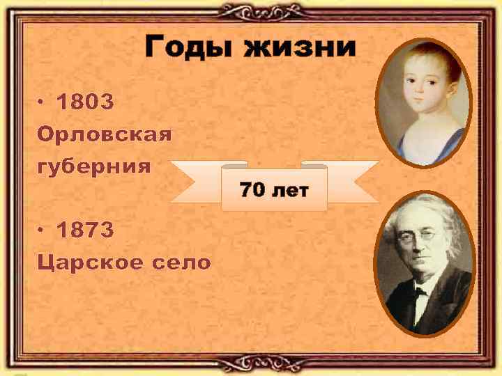 Годы жизни • 1803 Орловская губерния • 1873 Царское село 70 лет 