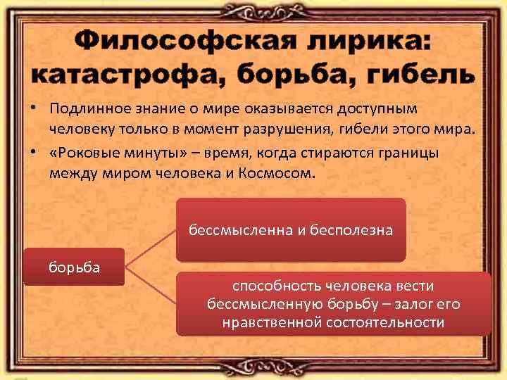 Философская лирика: катастрофа, борьба, гибель • Подлинное знание о мире оказывается доступным человеку только