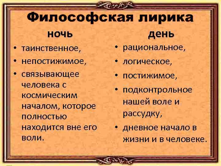 Философская лирика ночь • таинственное, • непостижимое, • связывающее человека с космическим началом, которое