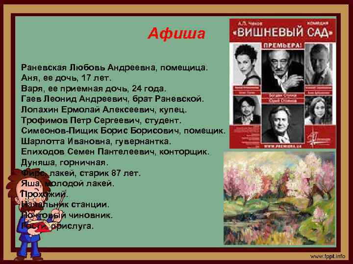 Афиша Раневская Любовь Андреевна, помещица. Аня, ее дочь, 17 лет. Варя, ее приемная дочь,