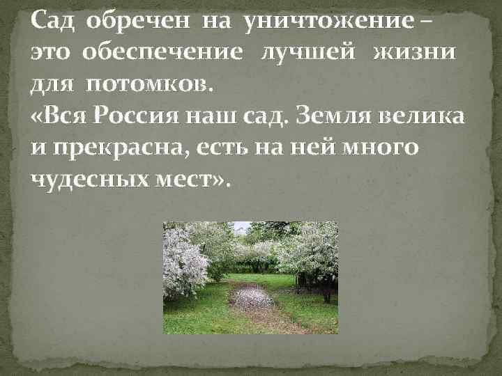 Сад обречен на уничтожение – это обеспечение лучшей жизни для потомков. «Вся Россия наш