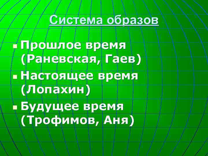 Система образов Прошлое время (Раневская, Гаев) n Настоящее время (Лопахин) n Будущее время (Трофимов,