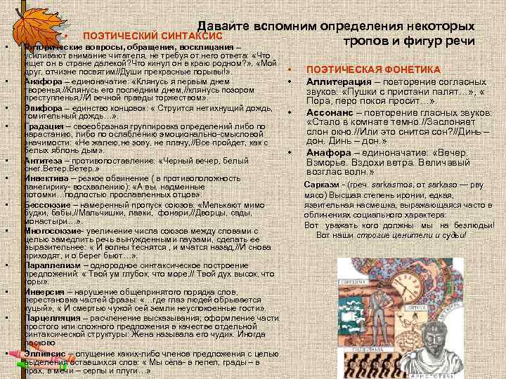  • • • Давайте вспомним определения некоторых • ПОЭТИЧЕСКИЙ СИНТАКСИС тропов и фигур
