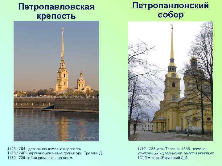 Петропавловская крепость 1703 -1704 - деревянно-земляная крепость, 1706 -1740 - кирпично-каменные стены, арх. Трезини