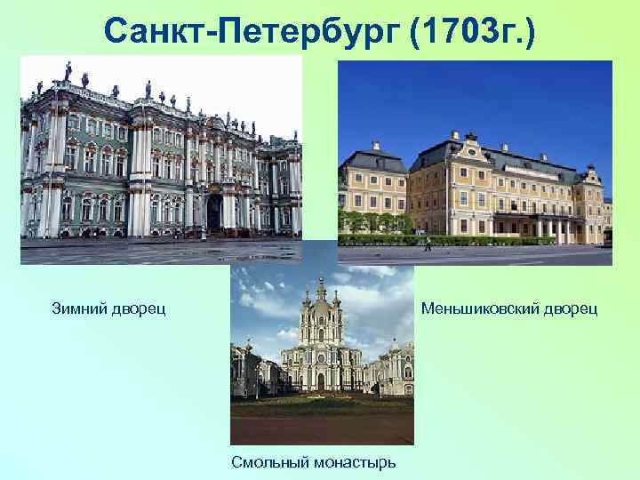 Санкт-Петербург (1703 г. ) Зимний дворец Меньшиковский дворец Смольный монастырь 