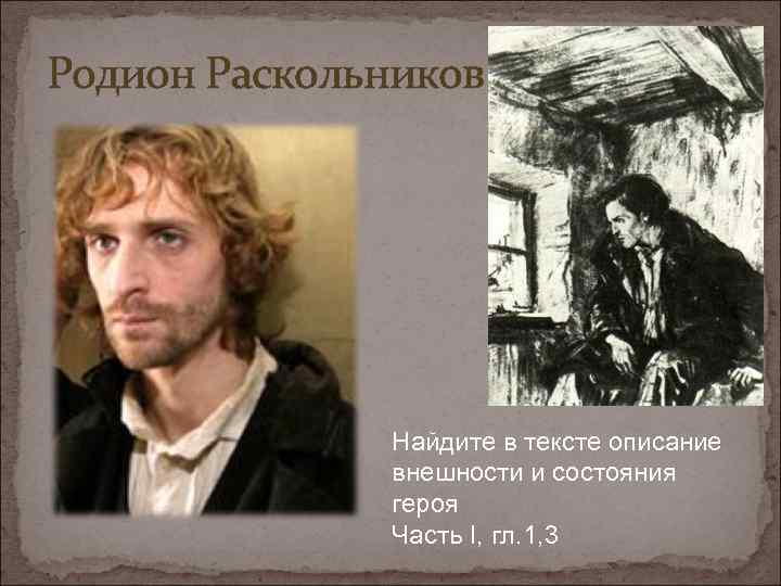 Родион Раскольников Найдите в тексте описание внешности и состояния героя Часть I, гл. 1,