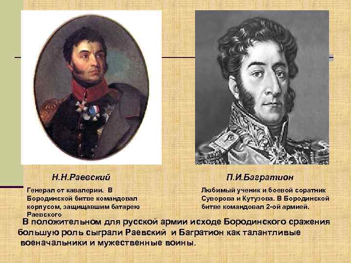 Н. Н. Раевский Генерал от кавалерии. В Бородинской битве командовал корпусом, защищавшим батарею Раевского