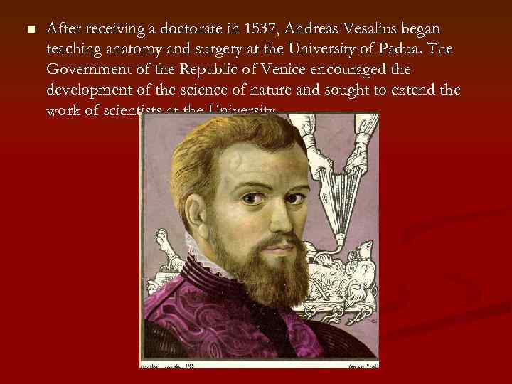 n After receiving a doctorate in 1537, Andreas Vesalius began teaching anatomy and surgery