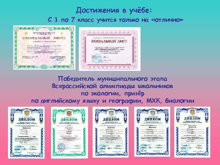 Достижения в учёбе: С 1 по 7 класс учится только на «отлично» Победитель муниципального