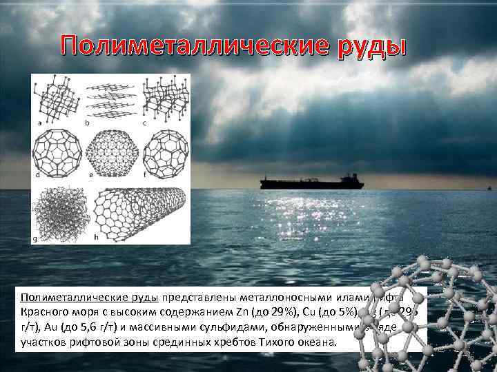 Полиметаллические руды представлены металлоносными илами рифта Красного моря с высоким содержанием Zn (до 29%),