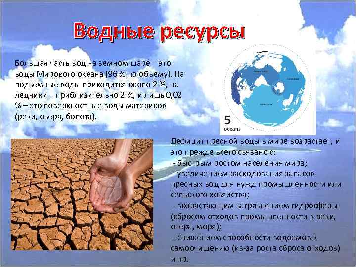 Водные ресурсы Большая часть вод на земном шаре – это воды Мирового океана (96