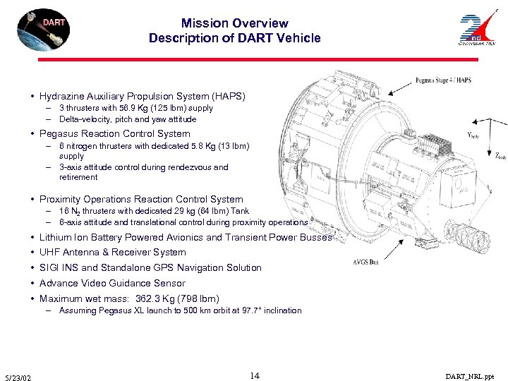 Mission Overview Description of DART Vehicle • Hydrazine Auxiliary Propulsion System (HAPS) – 3