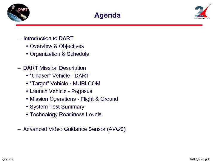 Agenda – Introduction to DART • Overview & Objectives • Organization & Schedule –