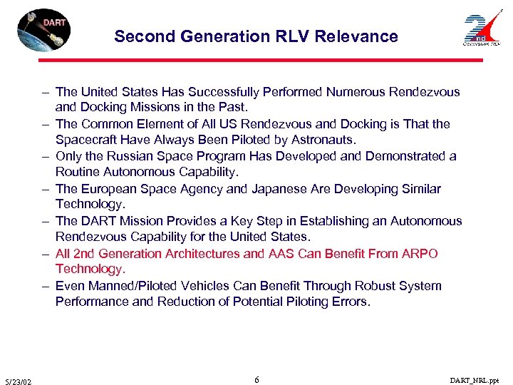 Second Generation RLV Relevance – The United States Has Successfully Performed Numerous Rendezvous and