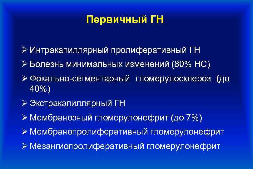 Первичный ГН Ø Интракапиллярный пролиферативный ГН Ø Болезнь минимальных изменений (80% НС) Ø Фокально-сегментарный