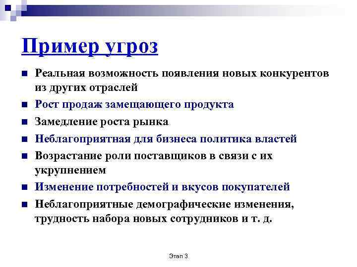 Пример угроз n n n n Реальная возможность появления новых конкурентов из других отраслей