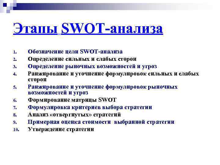 Этапы SWOT-анализа 1. 2. 3. 4. 5. 6. 7. 8. 9. 10. Обозначение цели