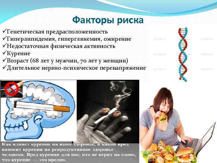 Факторы риска üГенетическая предрасположенность üГиперлипидемия, гипергликемия, ожирение üНедостаточная физическая активность üКурение üВозраст (68 лет