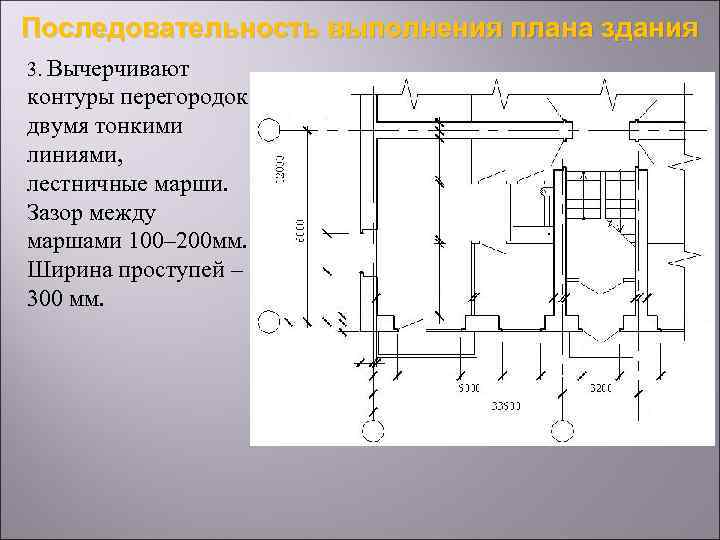 Последовательность выполнения плана здания 3. Вычерчивают контуры перегородок двумя тонкими линиями, лестничные марши. Зазор