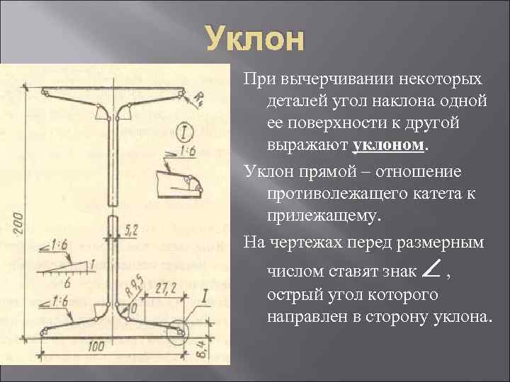 Уклон При вычерчивании некоторых деталей угол наклона одной ее поверхности к другой выражают уклоном.