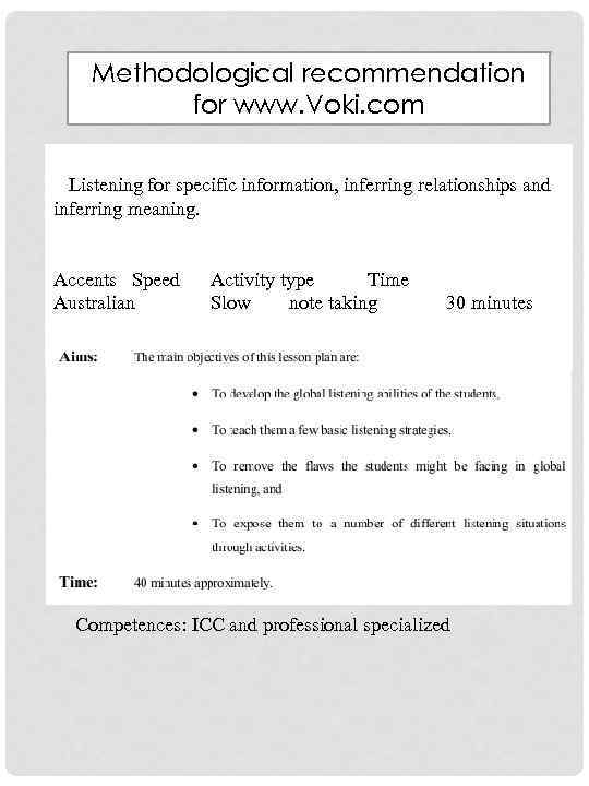 Methodological recommendation for www. Voki. com Listening for specific information, inferring relationships and inferring