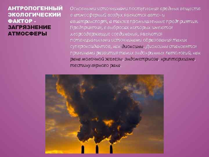 АНТРОПОГЕННЫЙ ЭКОЛОГИЧЕСКИЙ ФАКТОР ЗАГРЯЗНЕНИЕ АТМОСФЕРЫ Основными источниками поступления вредных веществ в атмосферный воздух являются