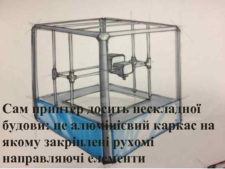 Сам принтер досить нескладної будови: це алюмінієвий каркас на якому закріплені рухомі направляючі елементи