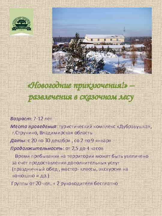 . «Новогодние приключения!» – развлечения в сказочном лесу Возраст: 7 -12 лет Место проведения: