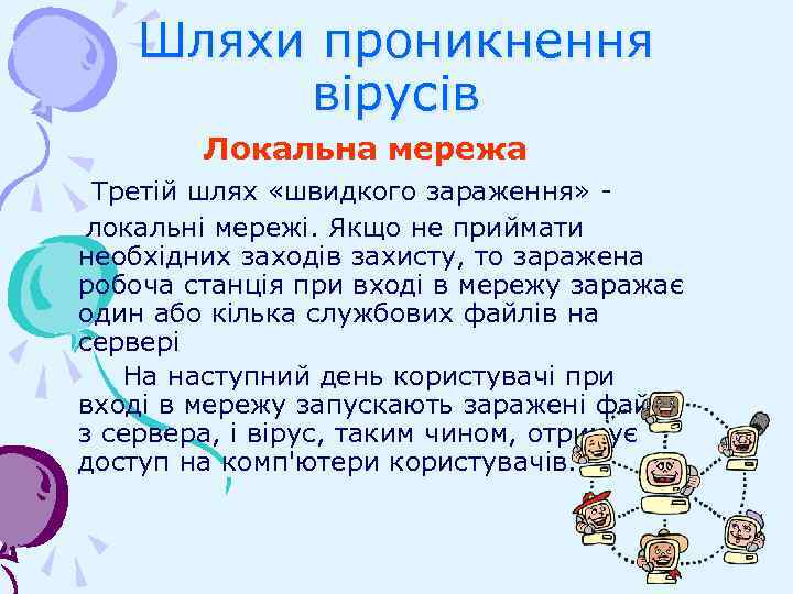 Шляхи проникнення вірусів Локальна мережа Третій шлях «швидкого зараження» локальні мережі. Якщо не приймати