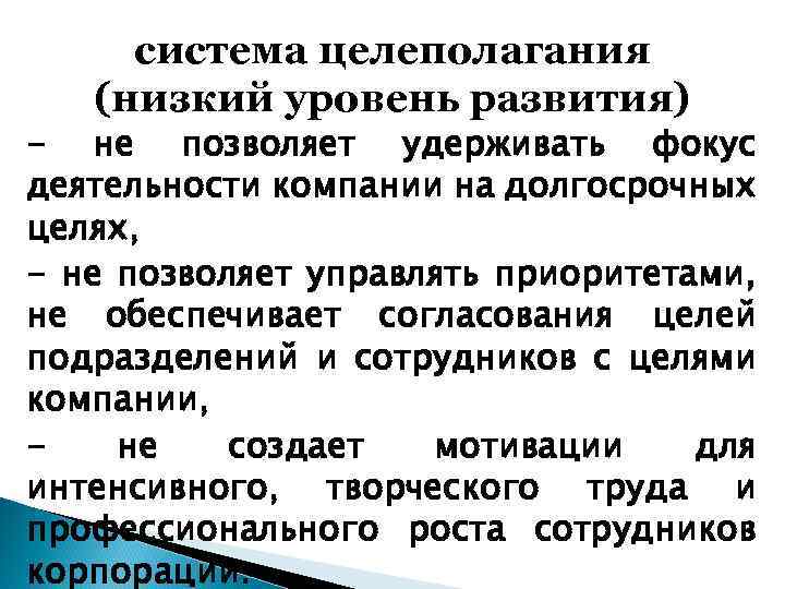 система целеполагания (низкий уровень развития) - не позволяет удерживать фокус деятельности компании на долгосрочных