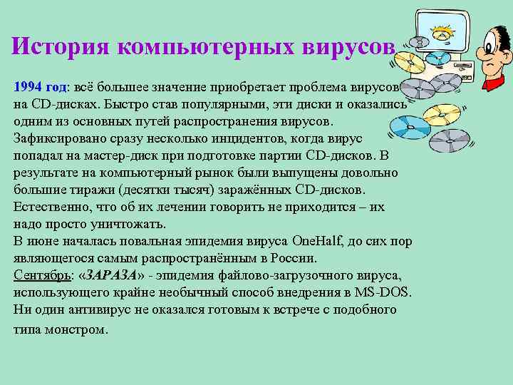 История компьютерных вирусов 1994 год: всё большее значение приобретает проблема вирусов на CD-дисках. Быстро