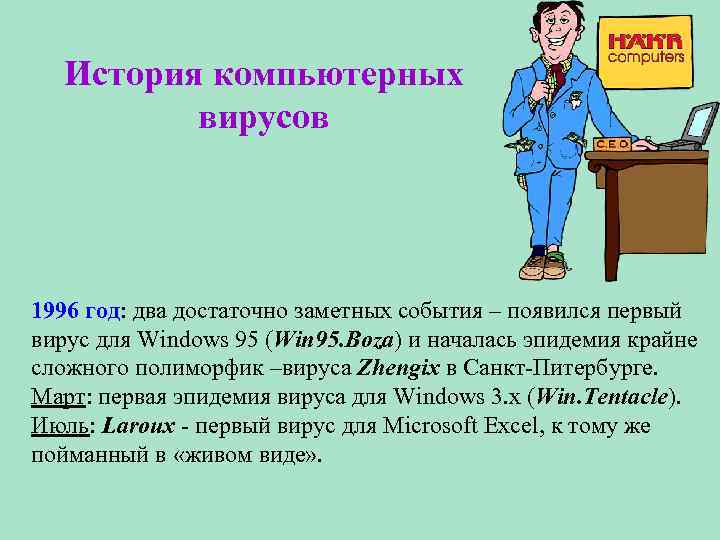 История компьютерных вирусов 1996 год: два достаточно заметных события – появился первый вирус для
