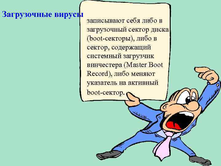 Загрузочные вирусы записывают себя либо в загрузочный сектор диска (boot-секторы), либо в сектор, содержащий
