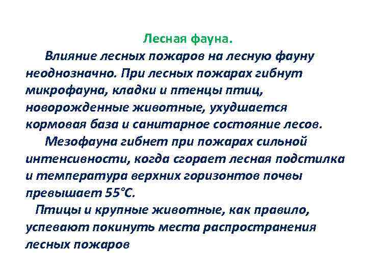 Лесная фауна. Влияние лесных пожаров на лесную фауну неоднозначно. При лесных пожарах гибнут микрофауна,