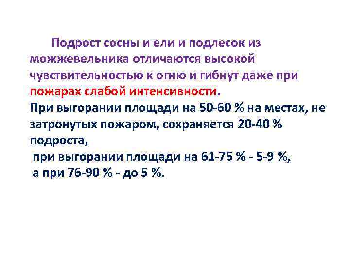 Подрост сосны и ели и подлесок из можжевельника отличаются высокой чувствительностью к огню и