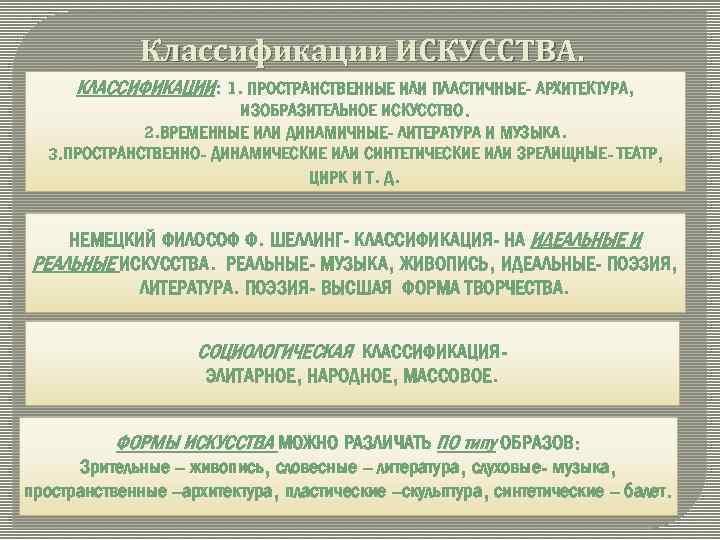 Классификации ИСКУССТВА. КЛАССИФИКАЦИИ: 1. ПРОСТРАНСТВЕННЫЕ ИЛИ ПЛАСТИЧНЫЕ- АРХИТЕКТУРА, ИЗОБРАЗИТЕЛЬНОЕ ИСКУССТВО. 2. ВРЕМЕННЫЕ ИЛИ ДИНАМИЧНЫЕ-