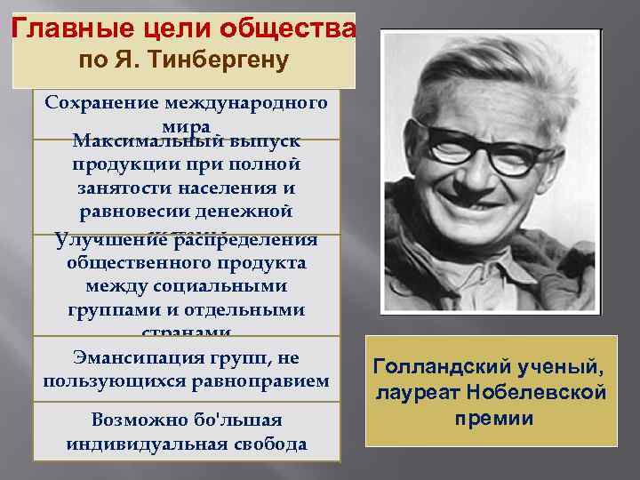 Главные цели общества по Я. Тинбергену Сохранение международного мира Максимальный выпуск продукции при полной