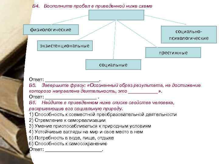 В 4. Восполните пробел в приведенной ниже схеме физиологические социальнопсихологические экзистенциональные престижные социальные Ответ: