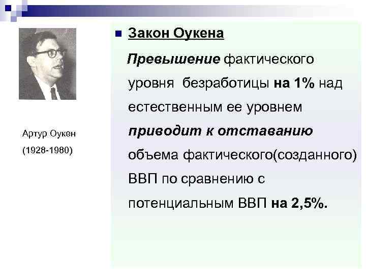 n Закон Оукена Превышение фактического уровня безработицы на 1% над естественным ее уровнем Артур