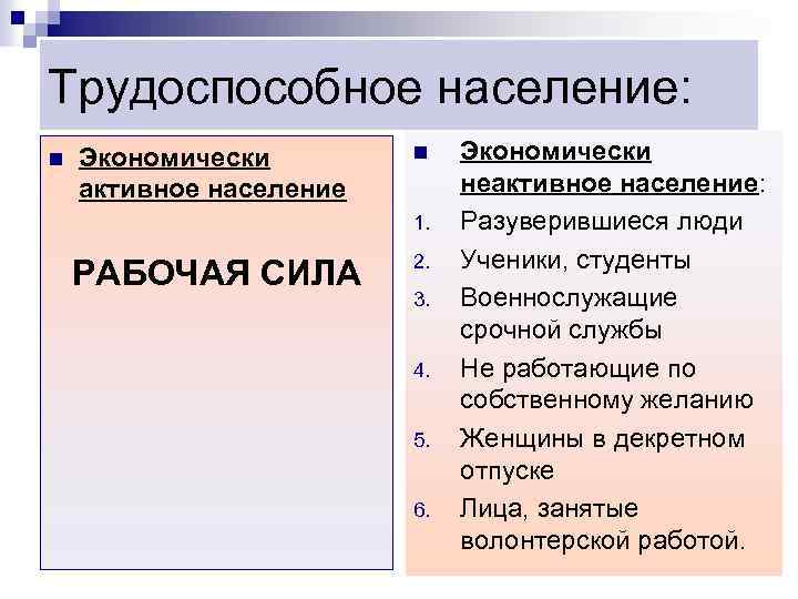 Трудоспособное население: n Экономически активное население n 1. РАБОЧАЯ СИЛА 2. 3. 4. 5.