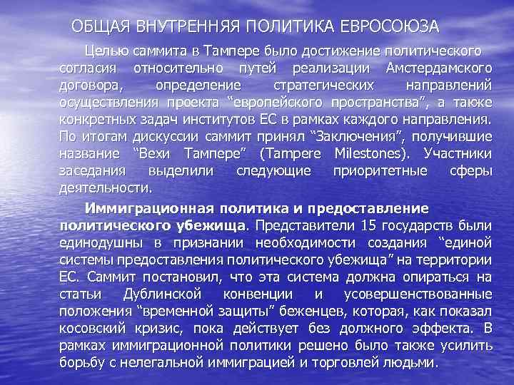 ОБЩАЯ ВНУТРЕННЯЯ ПОЛИТИКА ЕВРОСОЮЗА Целью саммита в Тампере было достижение политического согласия относительно путей