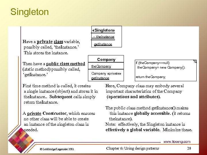 Singleton «Singleton» Have a private class variable, possibly called, ‘the. Instance. ’ This stores