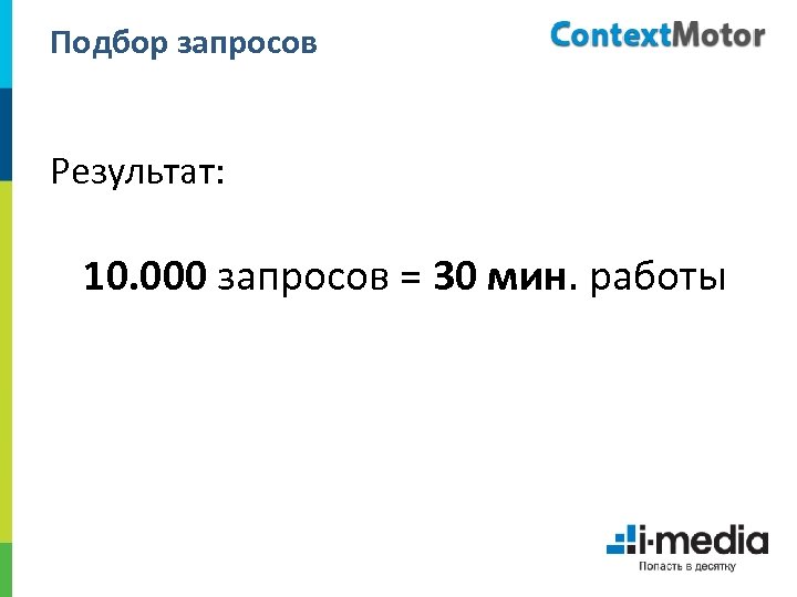 Подбор запросов Результат: 10. 000 запросов = 30 мин. работы 