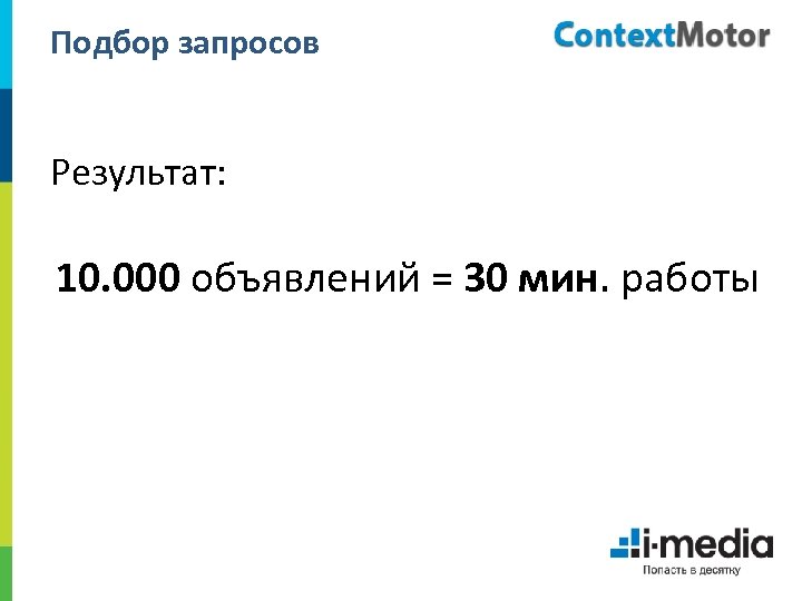 Подбор запросов Результат: 10. 000 объявлений = 30 мин. работы 