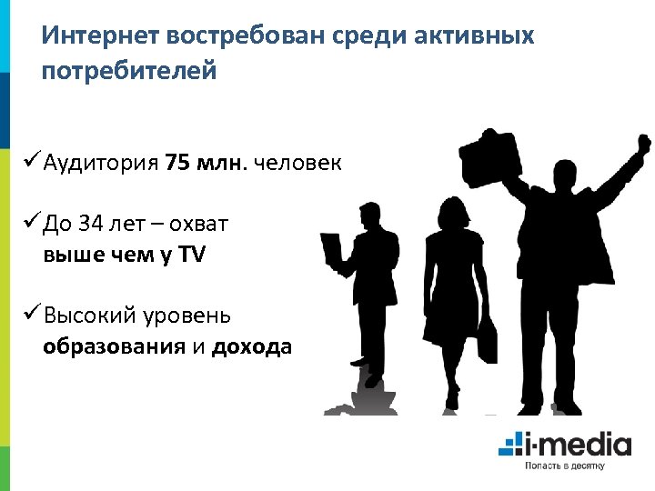 Интернет востребован среди активных потребителей üАудитория 75 млн. человек üДо 34 лет – охват