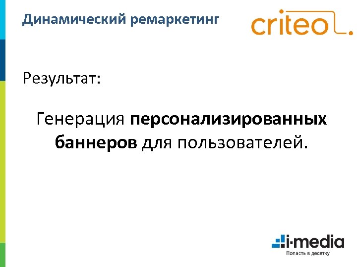 Динамический ремаркетинг Результат: Генерация персонализированных баннеров для пользователей. 